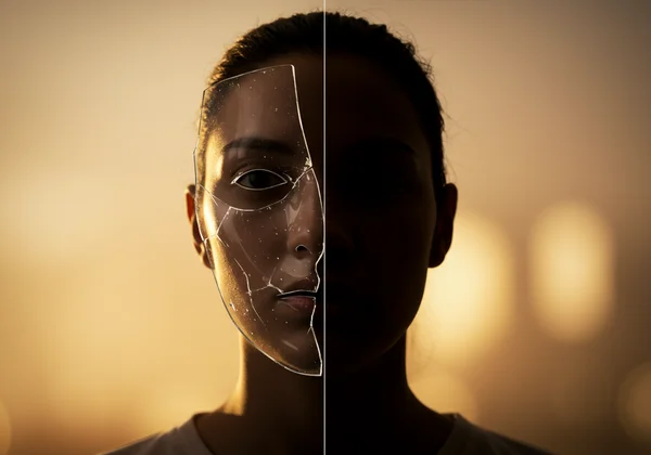 A person metaphorically shedding a mask, revealing a calm face