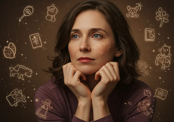 Woman with internal thoughts of sensory overload.