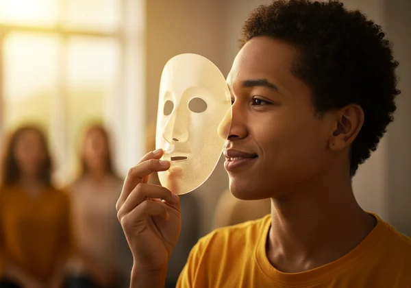 Person shedding a mask, stepping into bright light.