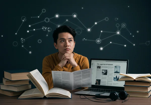 Person researching autism with books and digital resources.