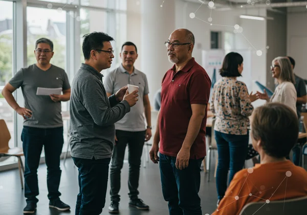 Diverse group of people connecting, forming a supportive community.