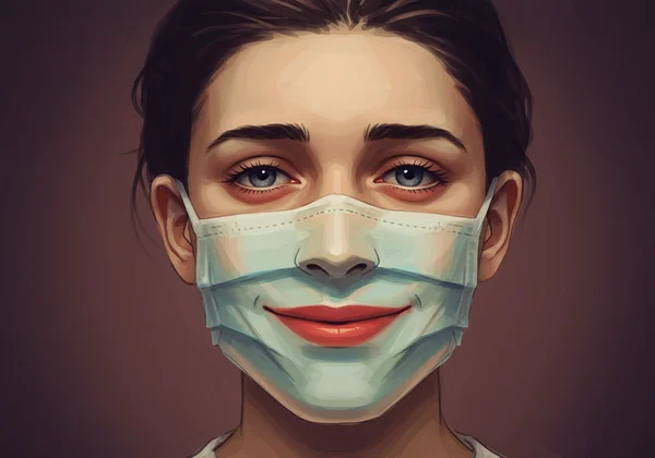 Person wearing a smiling mask, showing fatigue underneath