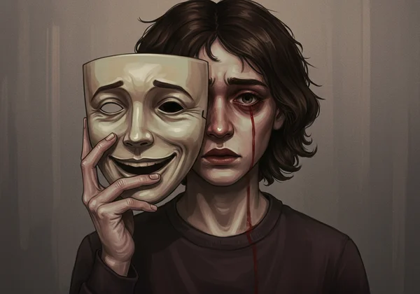 一个人拿着面具的插图，象征着伪装。