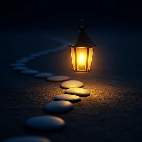 A warm lantern casting a gentle light on a quiet path, symbolizing a safe and guided journey.